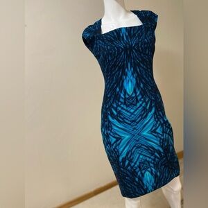 Tahari~Elegant Abstract Sheath Midi Dress~Cap Sleeves~Square Neckline~Size 2